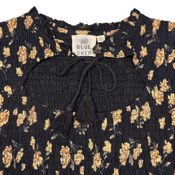Blue Boheme Floral Top Sz.M- L Black Smocked Ruffle Whimsigoth Fairy Grunge - Picture 4 of 10